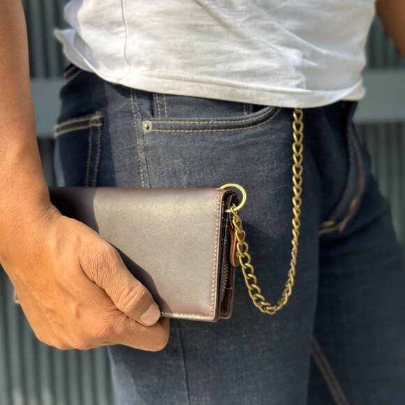 Men's Long Wallet with Chain Real Genuine Leather RFID Biker Trucker Wallet - Picture 6 of 9